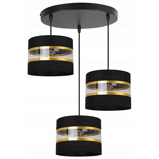 Závěsná Stropní Lampa Trojitý Lustr Glamour Zlaté Pruhy Černé Stínidlo