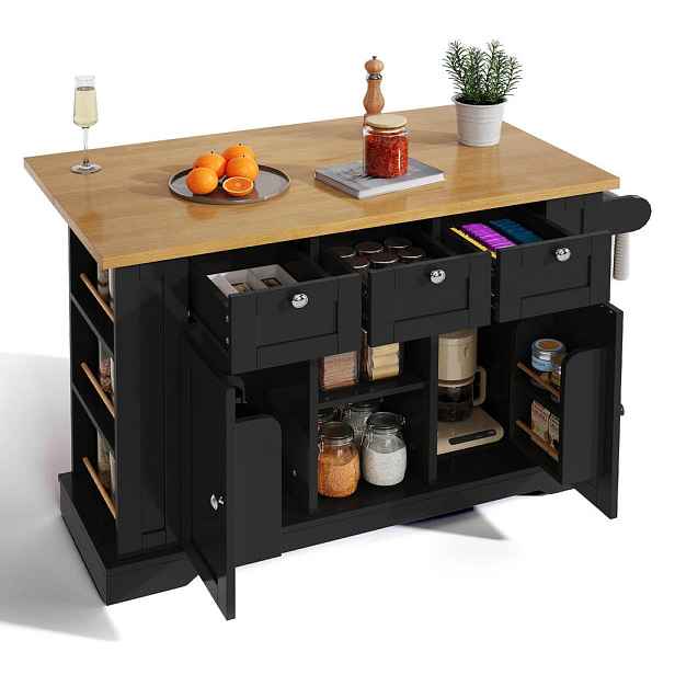 EVRYAE KUCHYŇSKÝ OSTRŮVEK Mobilní výsuvný zásuvky USB 120 cm dřevo kov úložný prostor