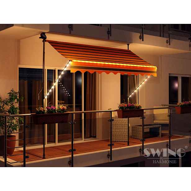 Balkónová/terasová Zastínění Markýza S Led Osvětlením, Upevnění Na Svorky, 350 cm, Černo-oranžové Pruhy