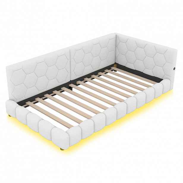 Modfu DENNÍ postel z MDF a imitace rouna 90x200 cm bílá s LED podsvícením, USB a USB-C portem