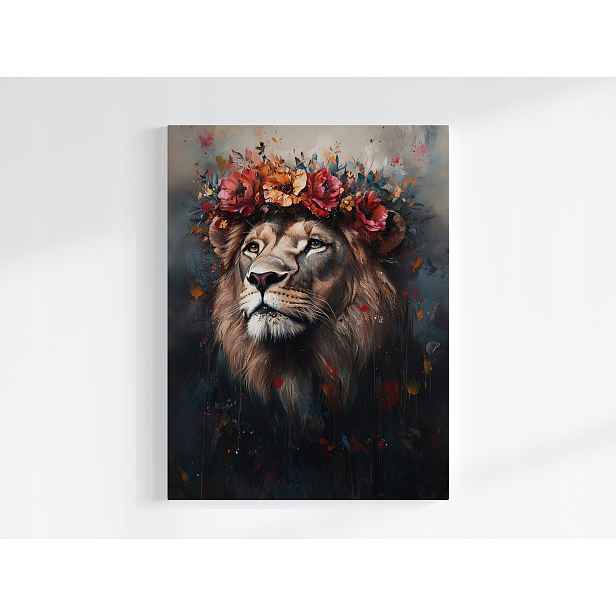 Plakát Portrét Zvířete Lev Král Věnec Květiny Boho 75x100