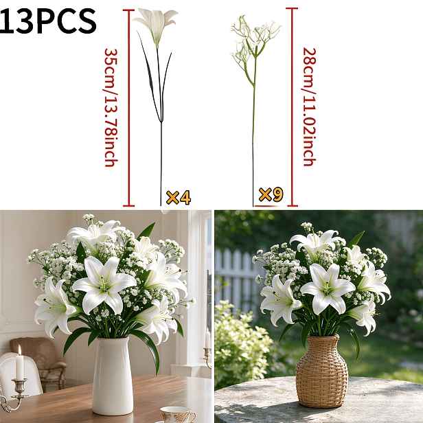 TEMU 13 ks Umělé kvalitní velké elegantní lilie s kytou 'S Breath, dekorace, falešné květiny do obývacího pokoje, svatební doplňky, dárek na