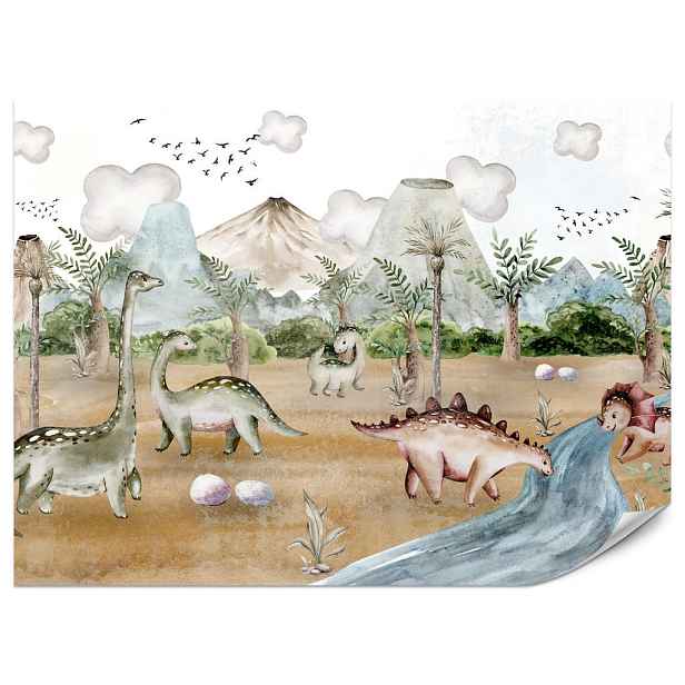 Muralo FOTOTAPETA do Dětského Pokoje Dinosauří Svět Sopky Akvarel Tropické Stromy 400x280