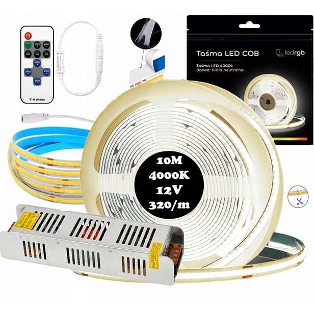 Sada Led pásků Neon Cob 12V 10 m 4000K Bílá Neutrální Napájecí Zdroj Dálkový Ovladač 8 mm