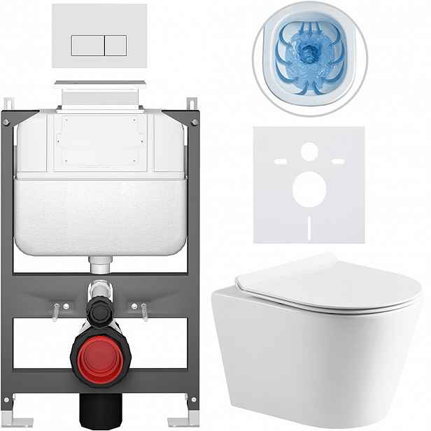 Kompletní WC set Basic/Carlito - bílá lesklá - WC tlačítko Modulo/Bílá - ovládání shora - předstěnová instalace - 48,5x36,5 cm