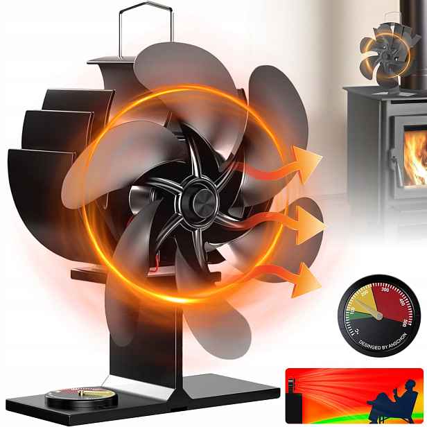 Krbový Ventilátor 6 Lopatek Tichý S Teploměrem Pro Kamna