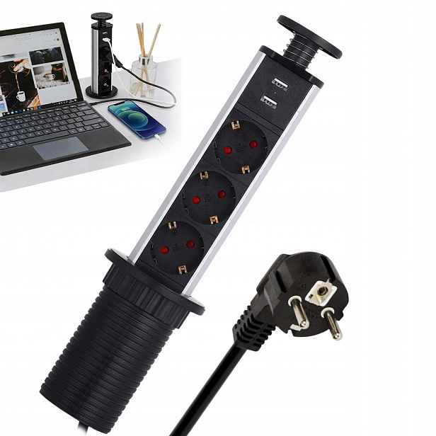 Prodlužovací Kabel stolní zapuštěný 60 mm, 3 zásuvky 2 Usb W, Desková Deska