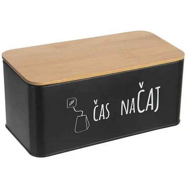 dóza plech. 20,3x10,3x9cm, ČAJ, BLACK, plech/bambus