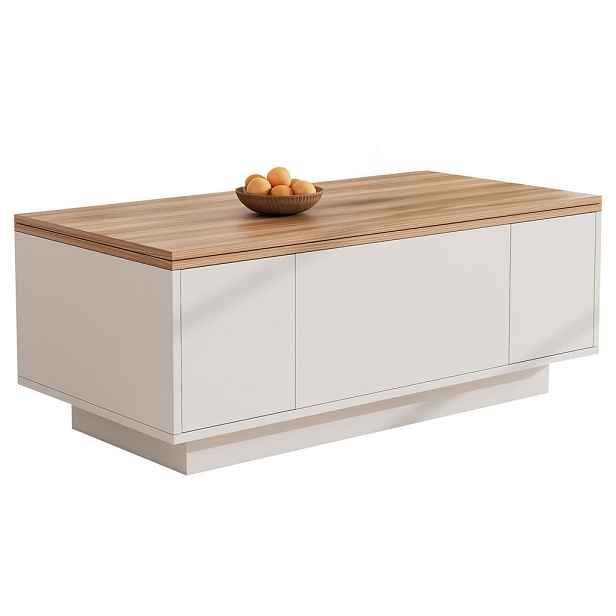 EVRYAE KONFERENČNÍ STOLEK Obývací stolek se zvedací funkcí a 2 deskami, úložný prostor, nosnost 50 kg, vzhled dřeva, moderní design Bílá