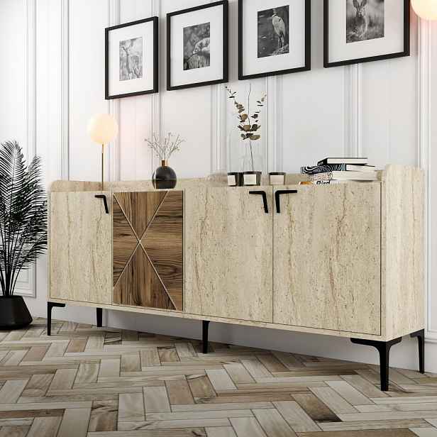 Konzolový stolek Venedik - Walnut, Travertine