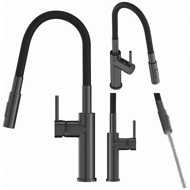 Kuchyňská Baterie Gun Grey Metalická Vysoká Flexibilní Kohoutek Ke Dřez Lonar