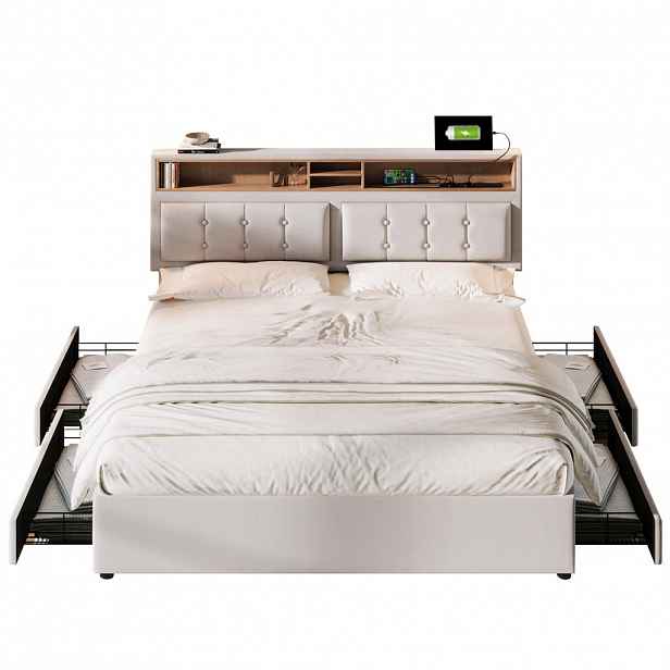 Modfu ČALOUNĚNÁ postel z lněné tkaniny 140x200 cm béžová s matrací, USB-C, zásuvkami a 4 zásuvkami