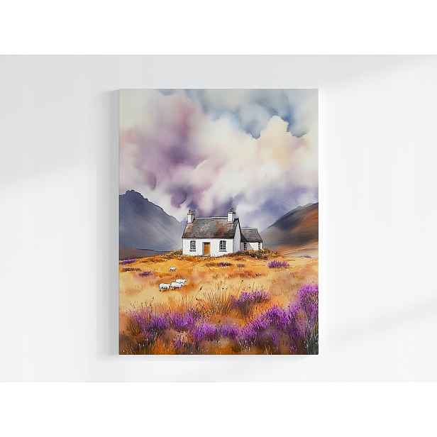 Plakát Krajina Skotsko Highland Hory Dům Vřesy Ovce 75x100