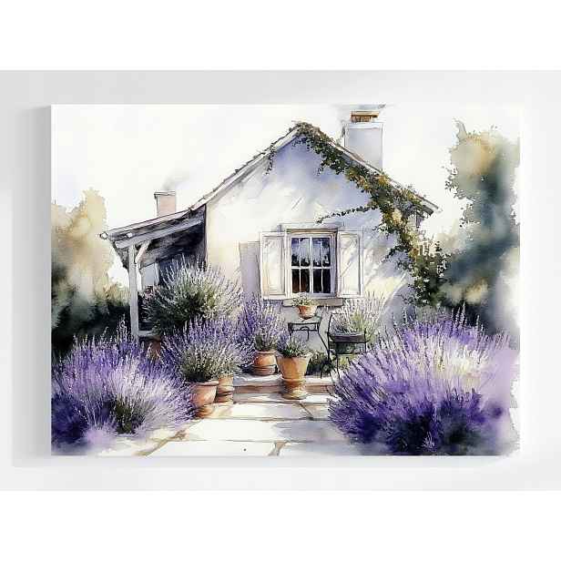 Obraz Na Plátně Canvas Krajina Dům Chatka Zahrada Terasa Květiny Levandule 80x60