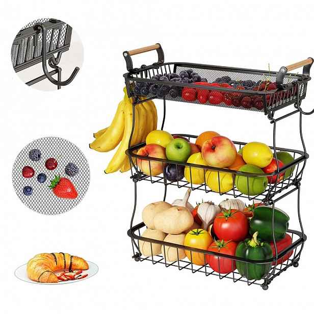 3-úrovňový košík na ovoce, háčky na banány, kovový, černý