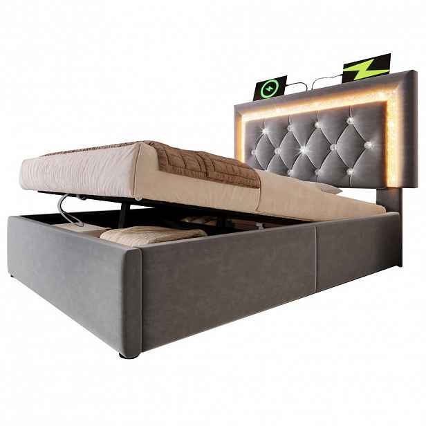 Modfu ČALOUNĚNÁ postel z sametu 90x200 cm šedá s LED osvětlením, USB a USB-C nabíjením a hydraulickým úložným prostorem