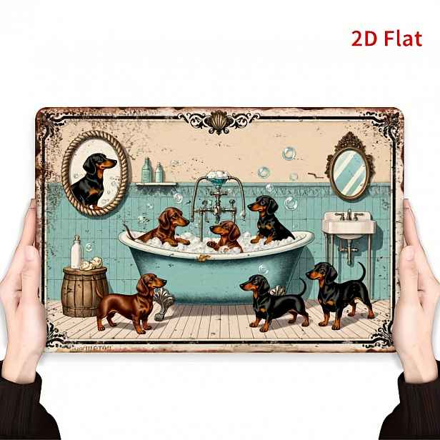 TEMU 2D Plochý, [2D Plochý] 1 Vintage Kovová Nástěnná Dekorace - Zábavná Vintage Cedule - Vintage Jezevčík Koupání - 8x12 Palců (20x30cm) Vhodné pro