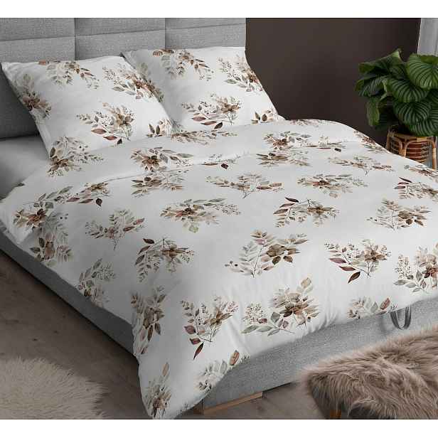 Povlečení bavlněné 140x200 bílá béžová květina se zapínáním na zip Karo