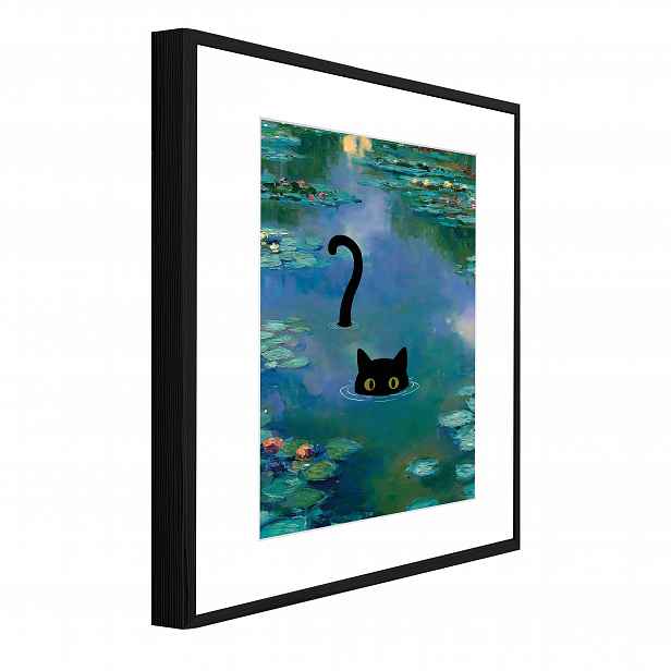 3D Obraz V Černém Rámečku Passe Partout Kočka Černé Jezero Listy 100x70