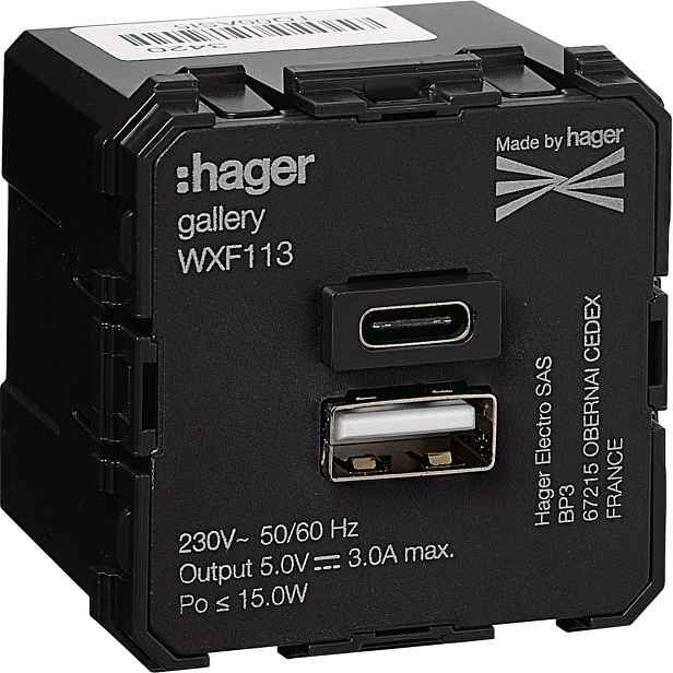 Přístroj zásuvka USB nabíjecí dvojnásobná Hager 45×45 mm 1× USB A, 1× USB C