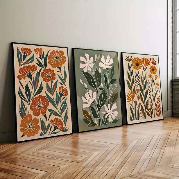 TEMU 2D plochá sada 3 moderních boho abstraktních květinových obrazů na zeď, Art Deco klasický styl, bez rámu, inkoust na plátně, vnitřní i venkovní