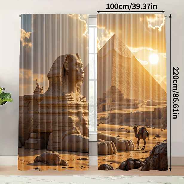 TEMU 2D Ploché, 2 ks, Luxusní Elegantní Závěsy Tváře Ostatní Pyramidy 2D Tisk Univerzální 100% Polyester Dekorace Místnosti Ideální pro Obývací Pokoj