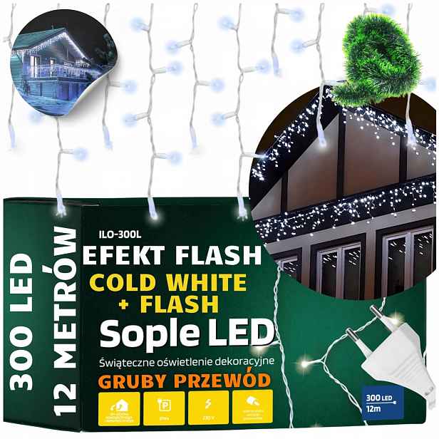 Závěs 300 Led Rampouchy Bílá Studená Venkovní Osvětlení Flash Osvětlení 12M