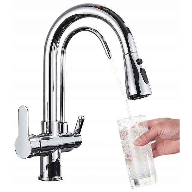 Kuchyňská Baterie Třícestná Filtr Vytahovací Sprcha Chrom