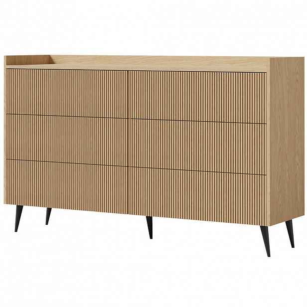 Beautysofa KOMODA Amfali se 6 zásuvkami, drážkovaná čela, systém Push-to-open, kovové nohy, 150 cm, jarní dub
