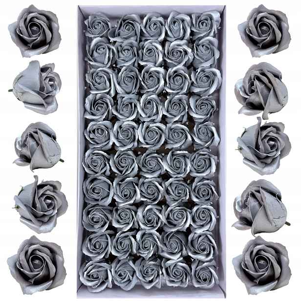 Stříbrné mýdlové růže 50 ks Mýdlové květy do flowerboxů Květiny z mýdla