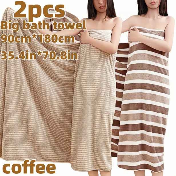 TEMU 2 ks Pruhované Velké Ručníky 35,4" x 70,8", 100% Korálový Fleece Koupelnový Set, Odolné a Měkké Rychleschnoucí – Ideální pro Rodiny, Extra Velký