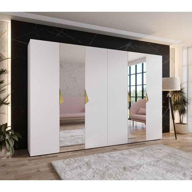 Elegantní zrcadlová skříň 300 cm AMARIS 2 - bílá / zlaté úchyty