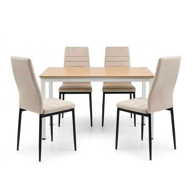 Loftový jídelní set 120x60 cm, dekor dub sonoma 4 béžové sametové židle Axell