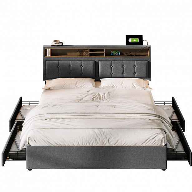 Modfu ČALOUNĚNÁ postel z lněné tkaniny 140x200 cm šedá s nastavitelným čelem, USB-C a úložným prostorem