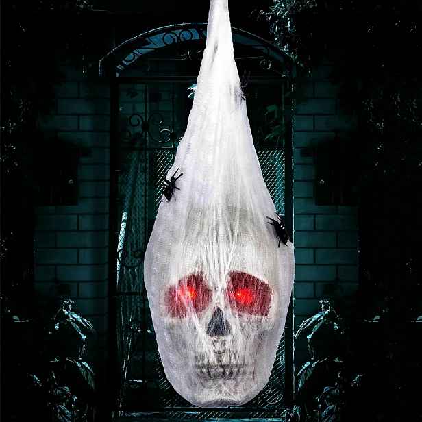 Lebka Závěsná Na Halloween 33 CM – Animovaná Hlava Se Svítícíma Očima