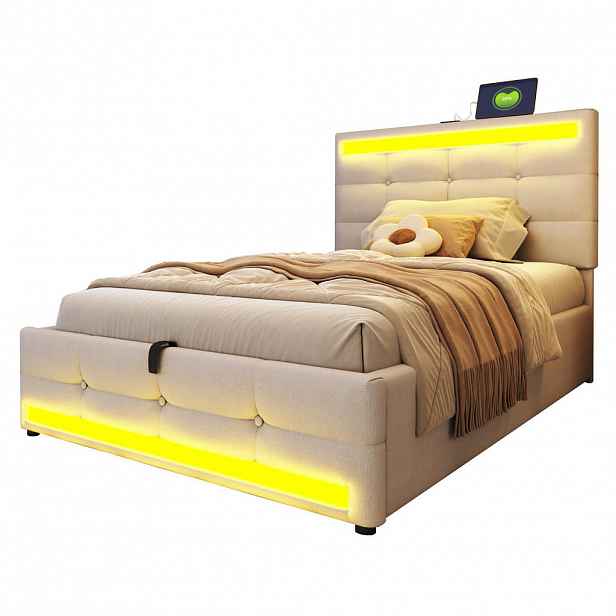 Modfu ČALOUNĚNÁ postel z látky 90x200 cm béžová s RGB LED osvětlením, USB porty a nastavitelným čelem