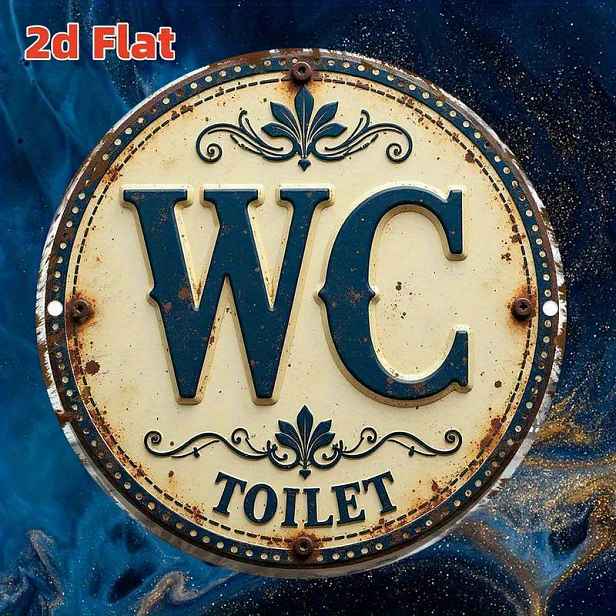 TEMU Kovový Znak s Vintage Toaletou 2D Plochý - 1 ks - Rustikální Železná Nástěnná Dekorace s Květinovým Okrajem & Nápisem "WC", 8"x8", Bez Potřeby