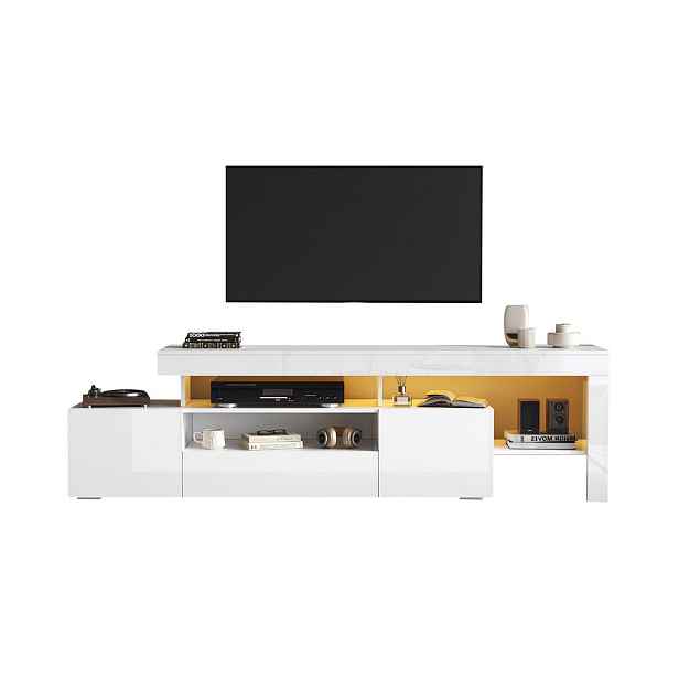 EVRYAE TV STOLEK Obývací skříň s výklopnými dvířky a LED ovládáním přes aplikaci, otevřené přihrádky, vysoký lesk MDF úložný prostor Bílá