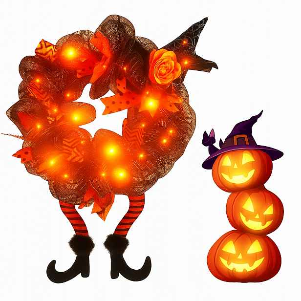 Halloweenská dekorace věnec ozdoba na dveře čarodějnice nohy Led