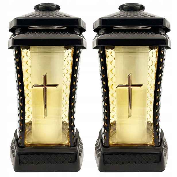2x Hřbitovní Svíčka Velký Skleněný Ozdobný Na Hrob Lampion Žluté Sklo Elegantní