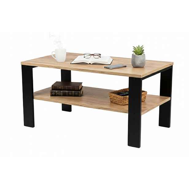 Kávový Stolek Loft Industriální Dub Zlatý Craft Černý Rám 90x52CM Lavice