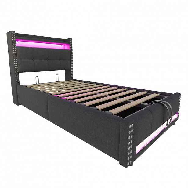 Modfu ČALOUNĚNÁ postel z lněné látky 90x200 cm šedá s LED osvětlením, USB a úložným prostorem