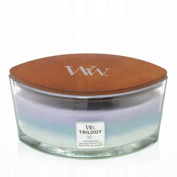 Calming Retreat Woodwick Hearthwick Trilogy – svíčka s dřevěným knotem