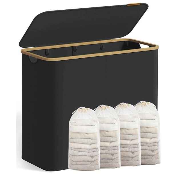Koš na prádlo Songmics 200L 4 komory s víkem Černý Skládací třídění