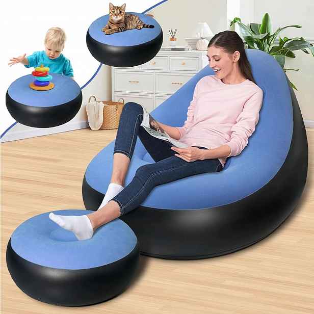 Ergonomické Nafukovací Křeslo S Podnožkou Pro Kempování A Zahradu, Modrá Barva