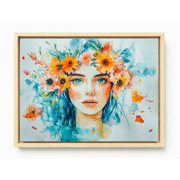 Obraz Rám American Box Tyrkysová Dáma Portrét Květiny Akvarel Boho 80x60