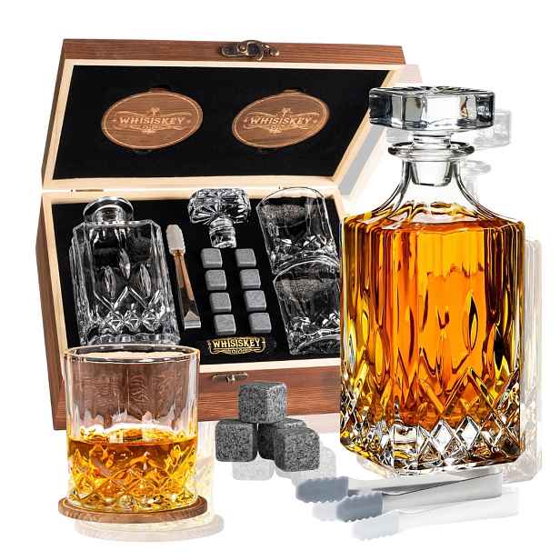 Karafa Na Whisky 700 ML 2 Sklenice 310 ML 8 Kamenů Dřevěná Krabička
