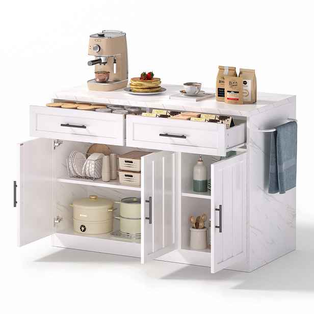 EVRYAE KUCHYŇSKÝ OSTRŮVEK Zásuvka USB MDF mramorový vzhled úložný prostor stabilní 120/60/91 cm