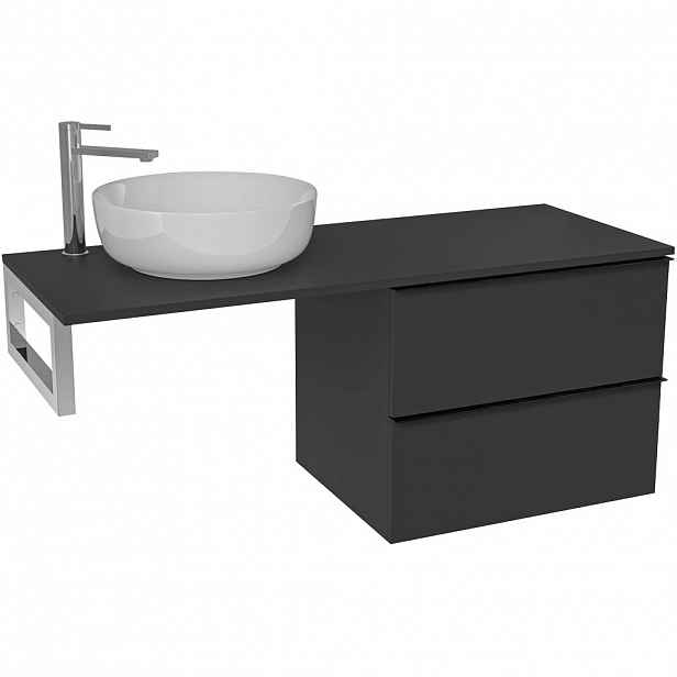 Koupelnová skříňka Velora - černá matná, úchytka černá + deska pod umyvadlo Navira Slim - 18 mm + konzole chrom - 120x54,8x46,5 cm