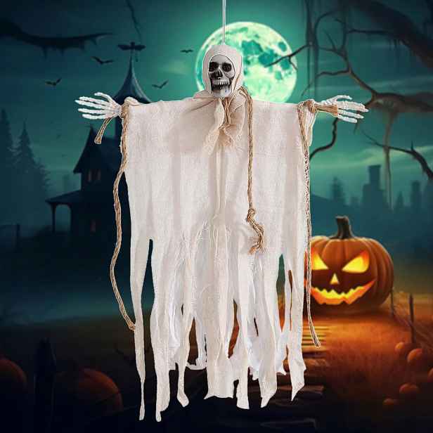 Duchové na Halloween, strašidelné halloweenské dekorace, kostra, dekorace